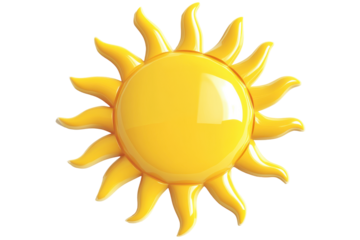 Bright yellow sun with wavy rays isolated on transparent background. Yellow sun isolated on white background, 3d rendering.