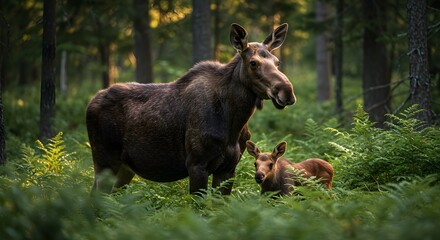 Fototapeta premium Moose mother and calf in forest