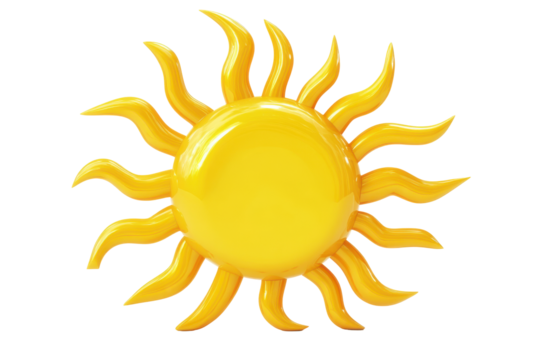 Bright yellow sun with wavy rays isolated on transparent background. Yellow sun isolated on white background, 3d rendering.