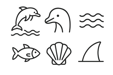 Marine life icons: dolphin, fish, shell, fin, waves in minimalist line art