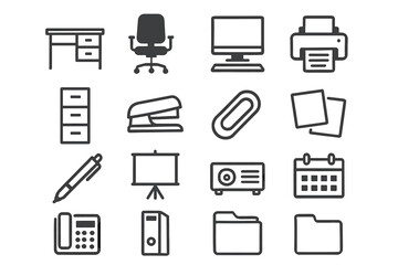 Office equipment icons set: chair, desk, computer, printer, organizer essentials