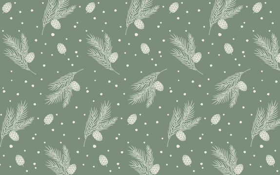Hand-drawn seamless three-tone vector pattern. Features conifer branches and cones on a sage green background. Ideal for fabric, gift wrapping, wallpaper, and winter holiday designs.