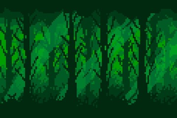 A seamless 8-bit pixel art forest background featuring a row of silhouetted trees in dark green and black. This stylized landscape is ideal for a retro game design, wallpaper,fantasy, or horror theme.