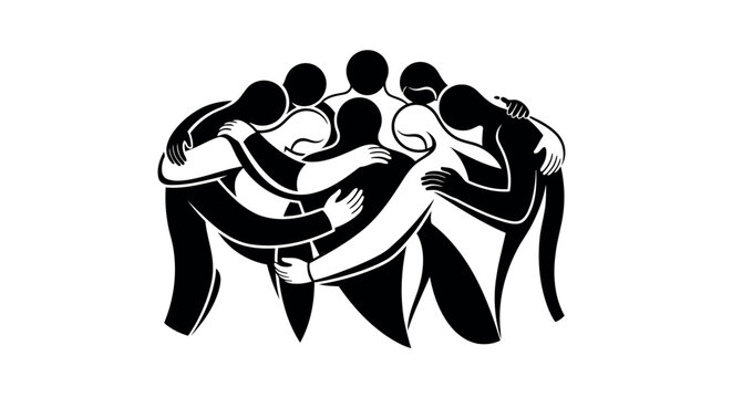 Naklejki Group of people hugging in a circle, unity and teamwork concept vector line art
