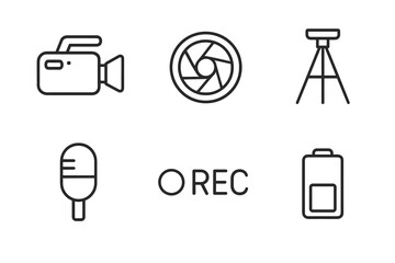 Camera and audio equipment icons: video, lens, tripod, microphone, battery