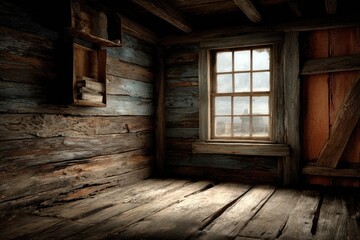 Rustic, dimly lit room with wooden walls and floor, a window