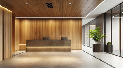 A sophisticated and modern office reception area featuring a sleek dark brown desk, warm wooden paneling on walls and ceiling, and a large window overlooking a contemporary space with lush greenery.

