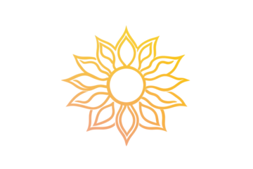 Golden abstract lotus flower symbol isolated on transparent background. Minimal sunflower icon with a round center and simple petals isolated on white background.