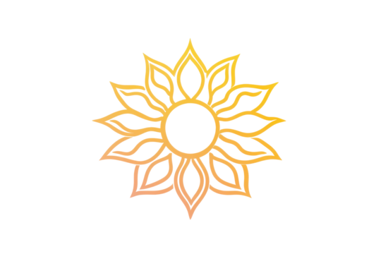 Golden abstract lotus flower symbol isolated on transparent background. Minimal sunflower icon with a round center and simple petals isolated on white background. - Powered by Adobe