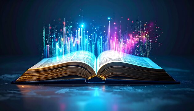 Open book with glowing digital cityscape