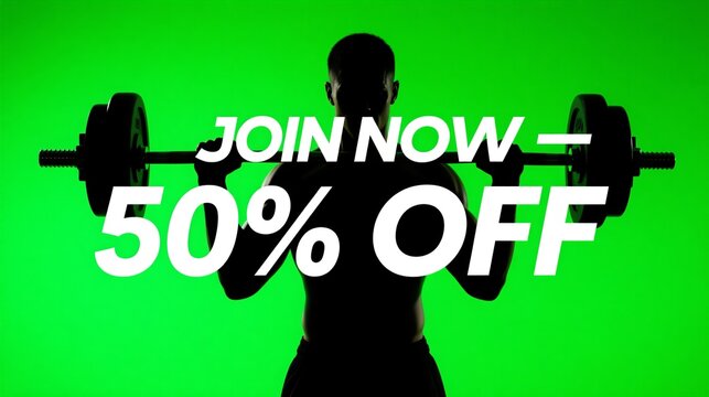 Gym membership promotion with 50% off discount, featuring a silhouette of a strong person lifting a barbell on a vibrant green background.