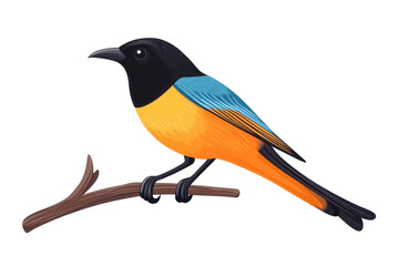 Fototapeta premium Colorful starling bird perched on a branch isolated on transparent background. Simple baya bird icon perched on a branch with minimal feather details isolated on white background.