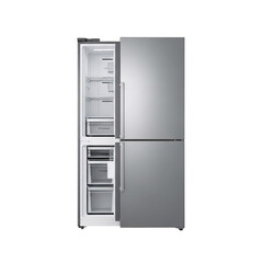 Modern silver refrigerator with the door open isolated on transparent background