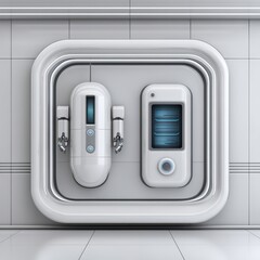 Futuristic cybernetic dialysis unit featuring advanced robotic arms and tubes in a sterile lab environment