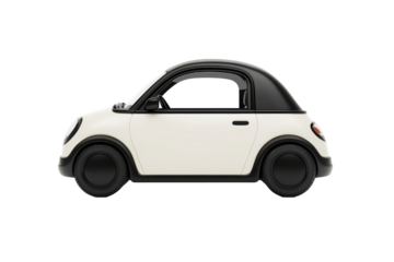 Compact white electric city car with black roof isolated on transparent background. Simple car icon with rounded edges isolated on white background.