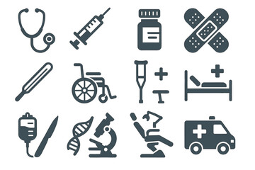Obraz premium Healthcare icons: medical equipment and symbols collection