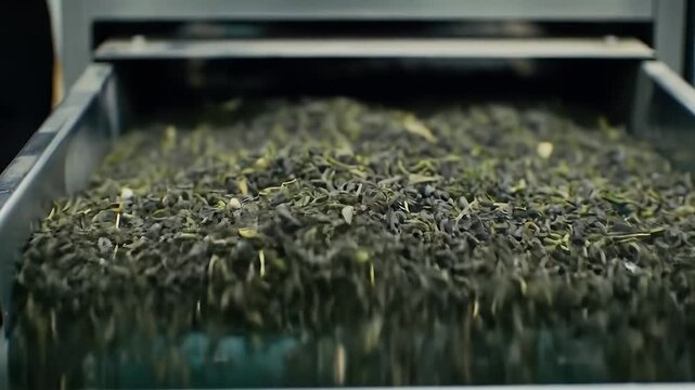 Detailed Close Up of Tea Leaves Undergoing Processing in a Mechanical Manufacturing Conveyer Belt Featuring Green Tones Perfect for Demonstrating The Process of Making Tea and  Advertisements