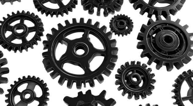 Abstract image of multiple interlocking gears.  A complex mechanical design