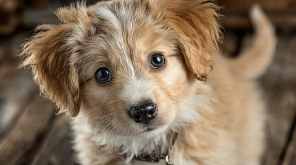 Obraz premium Adorable small fluffy puppy gazes upward with captivating bright blue eyes