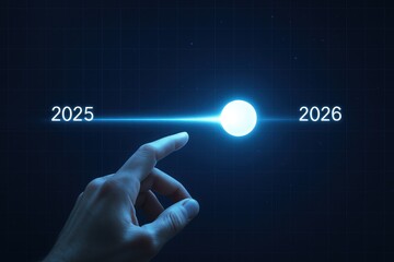 A hand points towards the future, highlighting the years 2025 and 2026, creating a futuristic and technological timeline.