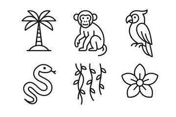Jungle icon set: palm tree, monkey, parrot, snake, vines, and flower