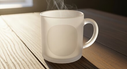 Fototapeta premium A steaming mug of hot beverage on a wooden table, with soft morning light creating a warm and inviting atmosphere