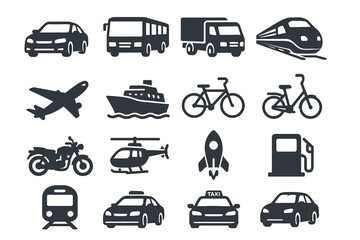 Various transportation icons: cars, trains, bicycles, aircraft, boats, and more