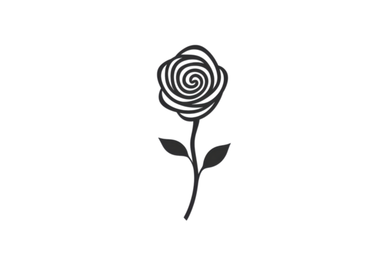 Simple line art rose flower isolated on transparent background. Simple rose icon with a spiral petal design and a clean stem isolated on white background.