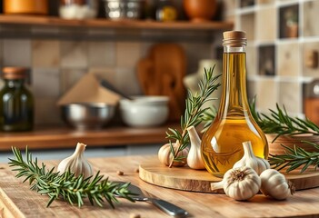 Golden olive oil sizzles, rosemary and garlic perfume cozy kitchen,  detail,  aroma