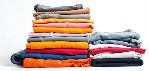 Neat stack of folded clothing items on white background,  white background,  neat