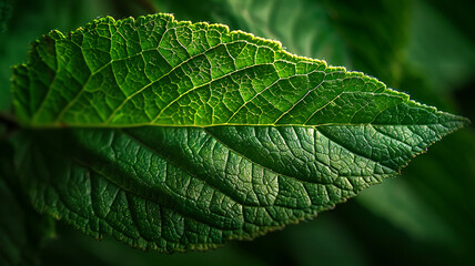 Fototapeta premium A detailed macro shot showcases the intricate vein structure of a vibrant green leaf.