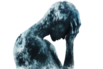 Distressed person with head in hands abstract textured silhouette isolated on transparent background. Depressed peron concept of depression and social anxiety isolated on white background.