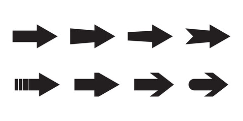 Arrow Icon Set with Eight Unique Right Pointing Designs in Black