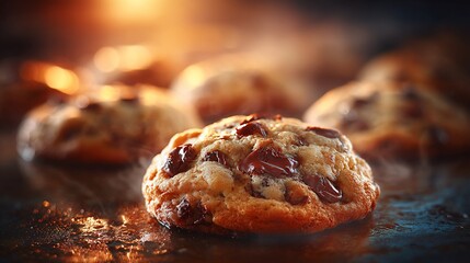 Chocolate chip cookies baking, golden brown and delicious, with bright bokeh in the background