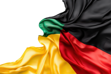 Pan african flag colors fabric draped isolated on transparent background. Abstract single african silky flag black red yellow green isolated on white background.