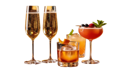 Multiple festive drinks: golden champagne flutes, amber old-fashioned cocktail with clear ice, vibrant coupe drink with berries, on polished mahogany, blurred bokeh background, warm rim lighting,