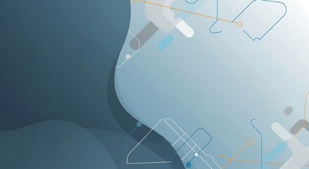 Abstract fluid shapes and digital elements on a soft blue gradient