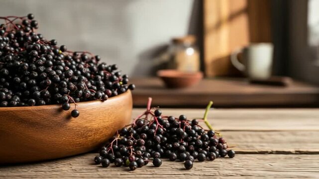 Freshly harvested dark elderberries in a rustic wooden bowl and spilled on a kitchen counter.