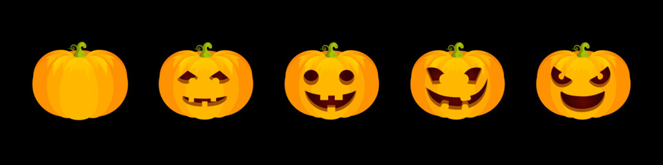 Halloween pumpkin faces collection. Set of carved pumpkins with different spooky, funny and scary expressions for autumn holiday decoration and party design. Cartoon vector illustration.