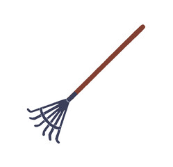 Leaf rake icon. Raker. Garden tool with wooden handle for picking up grass and weeds. Landscaping instrument for working on farm. Flat isolated hand drawn vector illustration on white background