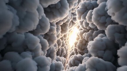 Dense surreal cloudscape with glowing light breaking through layered formations, creating dreamlike tunnel in the sky. Concept of surreal ascension
 - Powered by Adobe