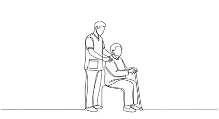 Caregiver assisting an elderly person in a wheelchair vector line art