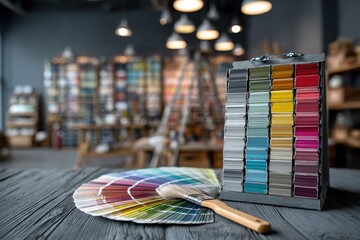 Paint swatches and color charts on a table