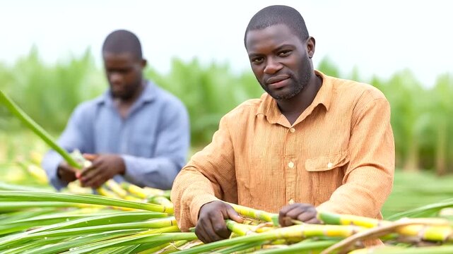 Harvesters cut sugarcane in a tropical field with machetes chopping stalks piling sweat soaked shirts clinging and a humid breeze carrying sweet scents captured in a vivid pho