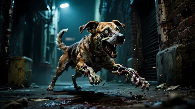 Mutated zombie dog attacking in dark alley cinematic lighting horror atmosphere ultra-detailed