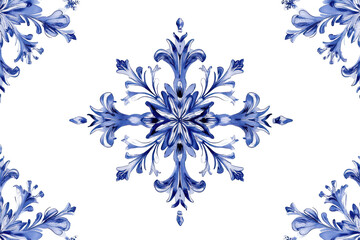 Blue watercolor snowflake pattern isolated on transparent background. Blue christmas snowflakes seamless pattern tile isolated on white background.