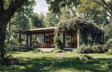 Secluded, light-filled cabin nestled in lush, verdant garden