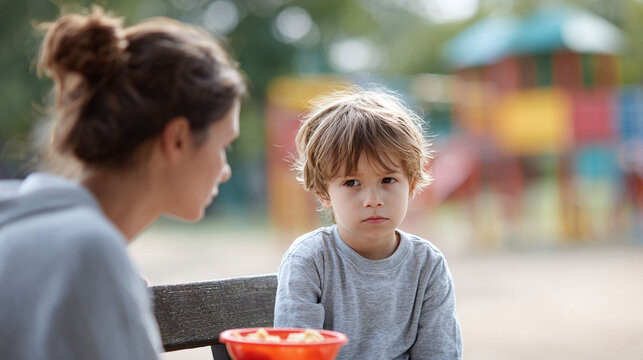 A poignant image capturing a young boys thoughtful expression while sitting with a mother. Evokes themes of childhood, parenting, and heartfelt conversation. Great for familyoriented content. - Powered by Adobe