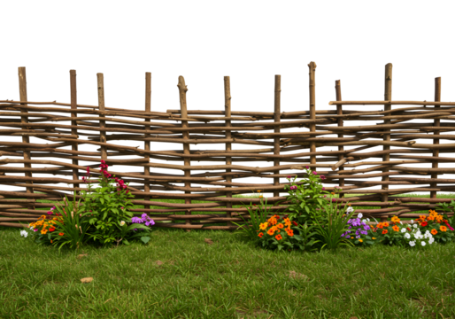 Charming garden scene with colorful flowers blooming along a rustic wooden fence for a serene, natural vibe