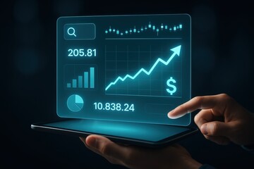 A hand holds a tablet displaying a glowing, interactive financial dashboard with rising graphs and numerical data.